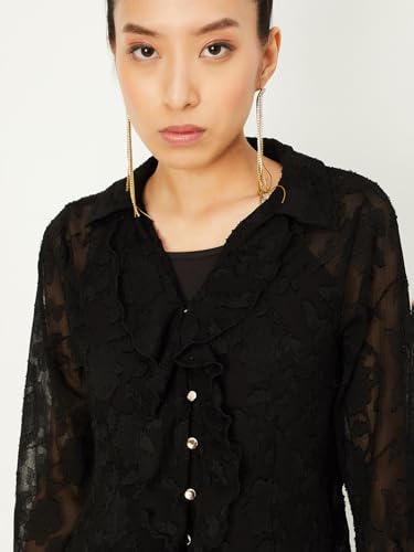 Image of Max Women Colourblocked Spread Collar Standard Length Denim Jacket