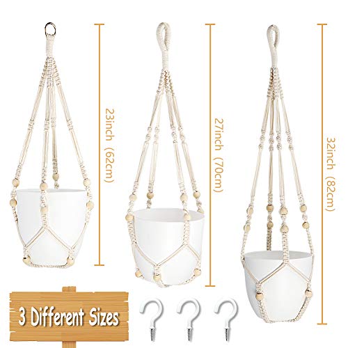 Aerwo 3 Pack Macrame Plant Hanger Indoor Hanging Planters + 3 Pcs Hooks, Handmade Hanging Plant Holder Baskets Stand Flower Pot Holder With Wood Beads For Indoor Outdoor Boho Home Decor (3 Sizes) #TOP1