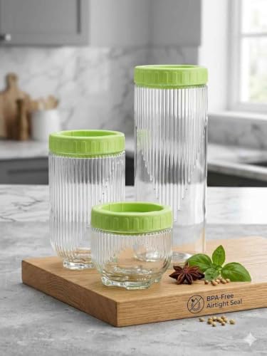Image of Glass Storage Jar With Airtight Lid, BPA-Free Kitchen Containers For Spices, Dry Fruits, Snacks & Grocery Storage Set Of 3, Transparent Food Storage Canisters For Kitchen Organization And Home Use