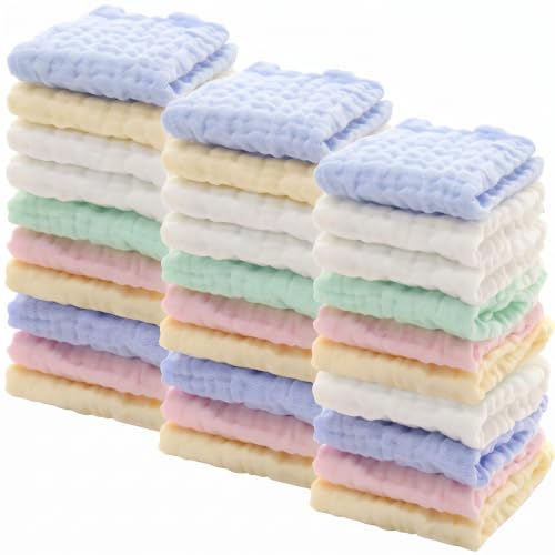 Image of Chumia 30 Pcs Baby Muslin Washcloths Muslin Burp Cloths Baby Towel Natural Cotton Burp Cloths Wipes Soft Newborn Face Towel Absorbent for Face Bath Shower, 12 x 12''(Blue, White, Green, Yellow, Pink)