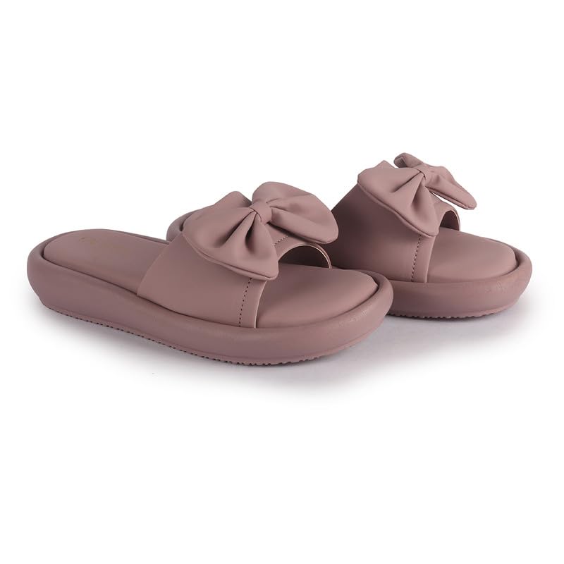Image of FAUSTO Women Open Toe Bow Design Slip On Sliders | Extra Comfort Cushioned Insole Slippers | Classic Flat Sandals for All Day Long