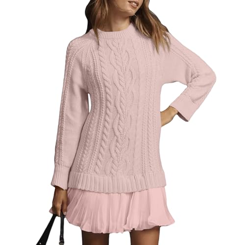 Shiketong Womens Cable Knit Sweater Dress Pleated Hem Mini Skirt