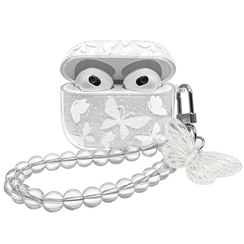 Srddty Compatible with AirPods 3rd Generation Case Cute Clear Glitter, Shockproof Soft TPU Protective Airpod 3 Case Cover for Girls Women with Keychain Designed for AirPods 3rd Gen 2021, Butterfly