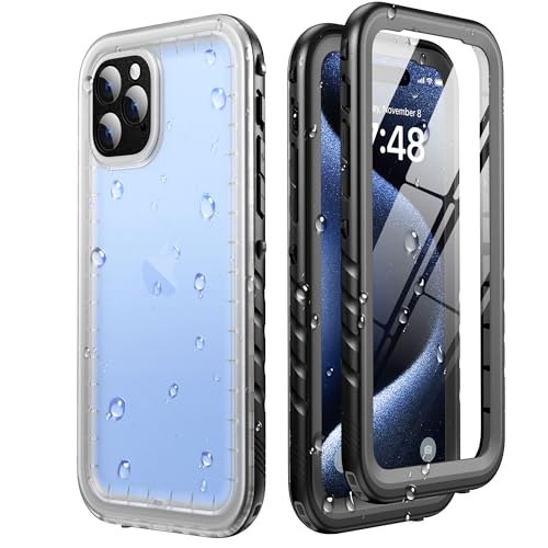 SOKUSIN for iPhone 15 Pro Case Waterproof - Full Body Bumper Case with Built-in Screen & Camera Protector Shockproof Drop Dust Proof Rugged Cover with Wrist Strap 6.1 Black/Frosted Clear