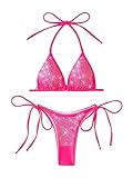 WDIRARA Women's Rhinestone Decor Halter Tie Side Triangle 2 Piece Thong Swimsuit Hot Pink S