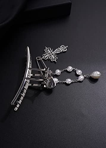 Rumtock Aolly Silver Hair Claw Clip Pearl And Cross Pendant Hair Clip For Women Girls Punk Jewelry Strong Hold Aesthetic Claw #TOP3