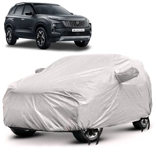 Image of SENSI Waterproof, UV Protection Car Cover for Tata Safari (New Version) with 4 Tyre Belts & Mirror Pockets|, 3-Layer Stitched, Cover - Protects Against Dust, Sun & Rain