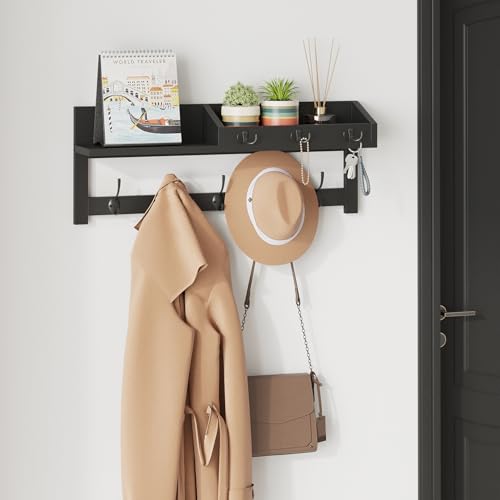 Image of AMBIRD Wall Hooks with Shelf, 26.57 Inch Entryway Wood Coat Hooks for Wall, Coat Rack Wall Mount Rack with 5 Dual Hooks 3 Key Hooks Mail Organizer and Key Rack Key Holder (Black)
