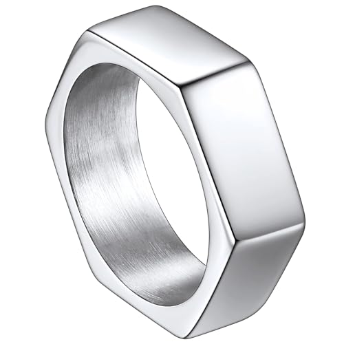 ChainsHouse Screw Band Biker Ring for Men Women, Black Metal/18K Gold Plated Stainless Steel Jewelry Hexagon Geometric Ring, Size 7-14(with Gift Box) a-Steel 9