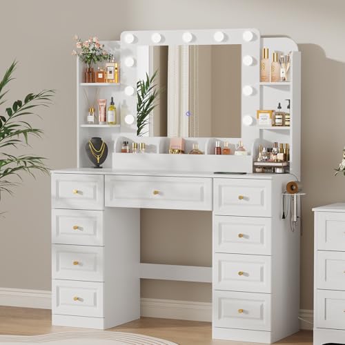 Image of Vanity Desk with LED Light Mirror Makeup Vanity with 9 Drawers, White
