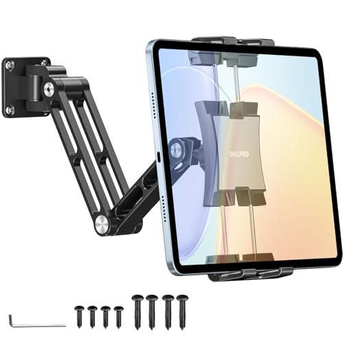 OHLPRO Support Mural Tablette en Aluminium, Support Tablette Réglable et Pivotant à 360° Bras Flexible pour Appareils 4,7-12,9” iPad Pro Air Mini Galaxy...