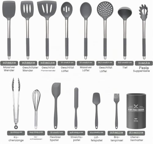 Silikon-Küchenutensilien-Set, 15-teilig, hitzebeständiges Küchenhelfer-Set mit hochwertigen Edelstahlgriffen zum Kochen und Backen… – Ansicht 2