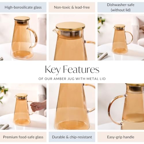 Image of Nestasia Transparent Amber Glass Jug with Steel Lid (1800 ml) - Heat Resistant Carafe with Dual Opening Strainer Lid - Dishwasher Safe Glass Pitcher for Water, Juice, Hot & Cold Beverages