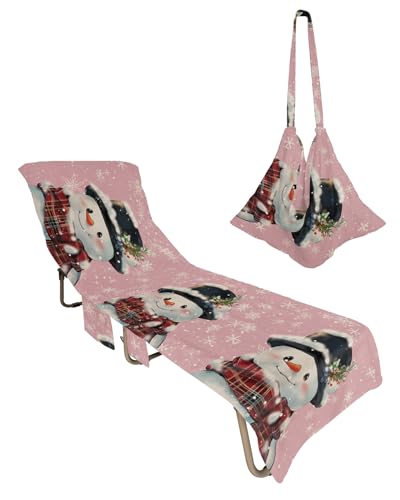 Pink Snowman Christmas Beach Lounge Chair Towel Cover, Soft Chaise Lounge Towel with Side Pockets Patio Pool Chairs Cover for Beach/Pool Sunbathing 29x85 Xmas Rustic Winter Snowflake