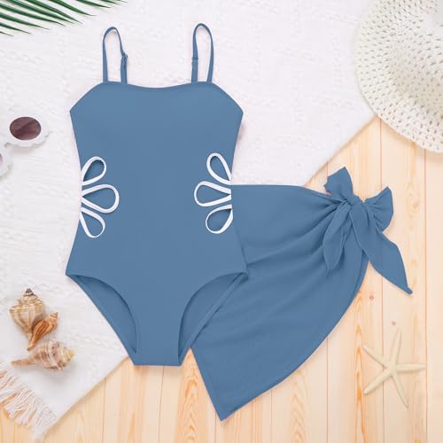 IBTOM CASTLE Kids Girls Swimsuit Adjustable Straps Swimwear Cutout One Piece Bathing Suit with Cover Up Skirt Navy Blue 13-14 Years — view 3