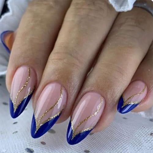 French Tip Press on Nails Medium Almond Fake Nails with Gold Glitter Curve Line Design Navy Blue False Nails Royal Blue Glue on Nails Reusable Acrylic Artificial Stick on Nails for Women Girls 24Pcs