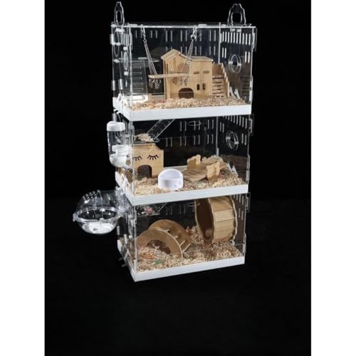 MYJYG ハムスターケージ 脱走防止 3段積み重ね可能 アクリル製 透明 組み立て式 ジャンガリアン チンチラ モルモット用 小動物ケージ お掃除簡単 トレー付き 給水器セット 寝室・リビング対応 プラスチック 防音設計 (三階 大サイズ(30×20×6