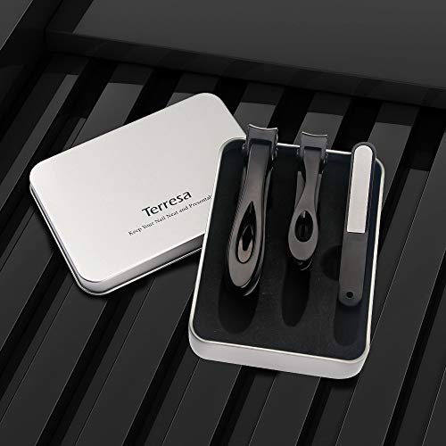 Nail Clippers with File for Thick Nails, Terresa Wide Jaw Big Toenail Clippers Fingernail Clippers, 3 Pcs Stainless Steel Nail Cutter for Men, Seniors,Women (Black)