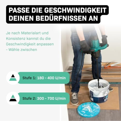 Bild 2 - VONROC Mörtelrührer inkl. Rührwerk [1800W] - Betonmischer Quirl [mit Sanftanlauf] für Beton, Zement, Farbe, Mörtel - 2 Geschwindigkeitsmodi