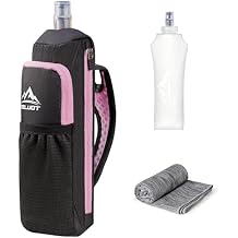 Zelvot Handheld Water Bottle Running, 17 oz Running Water Bottle Hand with Sport Towel and Phone Holder, BPA Free Hand Held Soft Flask with Adjustable Hydration Pack for Runners Pink