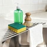 VAQULION Triangle Dish Drying Rack, Corner Sink Caddy, Over The Sink Corner Drainer with Sponge Holder | Foldable, Non-Slip Stainless Steel for Kitchen Sink | Space Saving Design