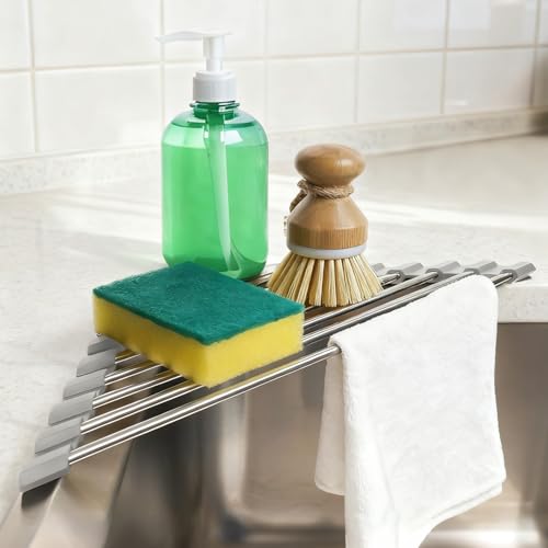 VAQULION Triangle Dish Drying Rack, Corner Sink Caddy, Over The Sink Corner Drainer with Sponge Holder | Foldable, Non-Slip Stainless Steel for Kitchen Sink | Space Saving Design