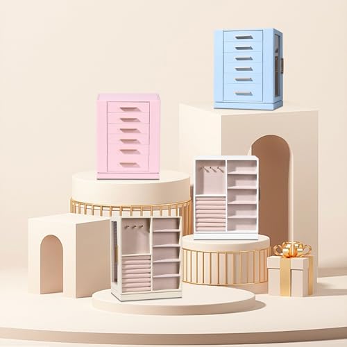 Frebeauty 360° Rotating Jewelry Box,PU Leather Jewelry Organizer with 6 Drawers,Large Jewelry Storage,Clear Window,Golden Handle,Vertical Jewelry Holder for Earrings Necklace,Gift for Women(White)