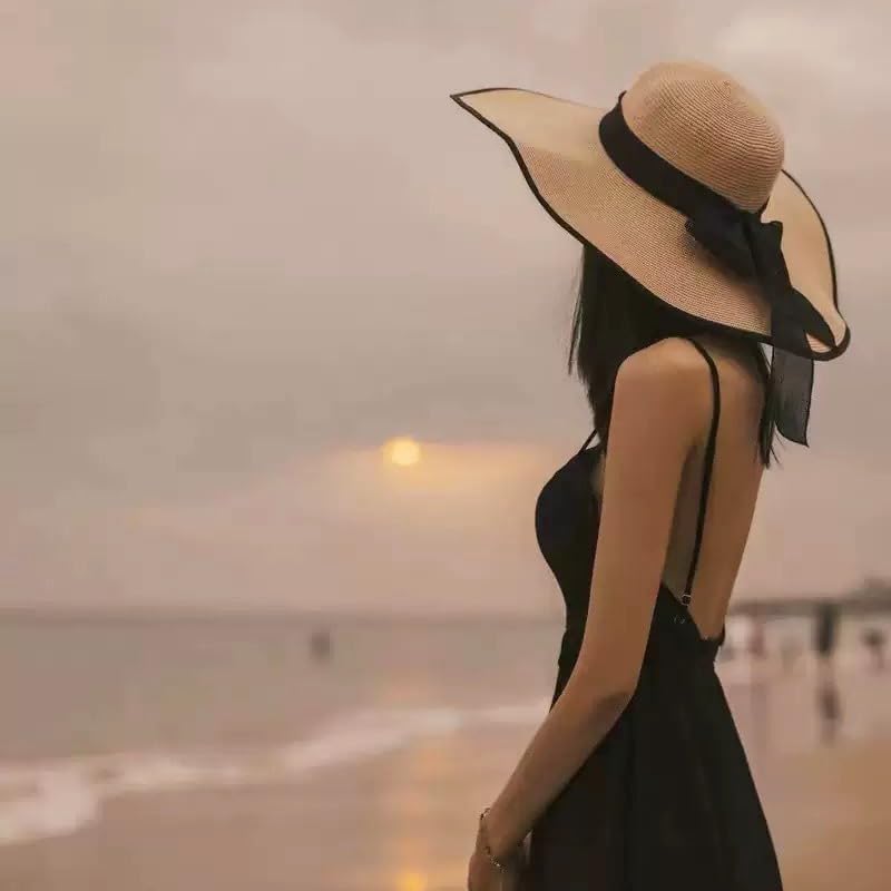 Womens Wide Brim Floppy Beach Hat UPF 50+ Foldable Straw Sun Hat with Black Ribbon for Summer Travel Outdoor Activities - Image 4