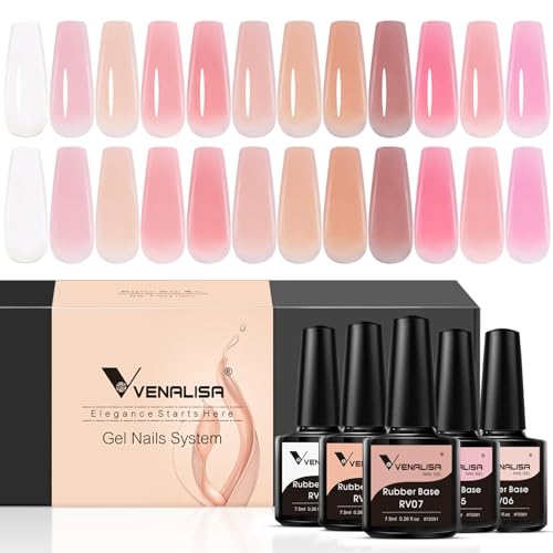 VENALISA 3 in 1 Rubber Base Gel For Nails, 12 Colors Jelly Gel Nail Polish Set Nude Pink Neutral Transparent Milky White Sheer Pink Gel Polish Strengthener Kit