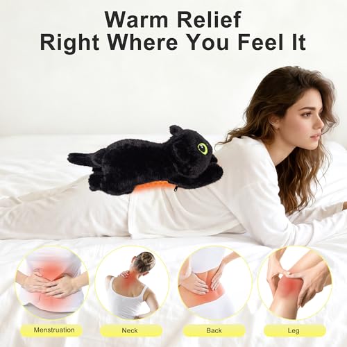 Image of Black Cat Heating Pad Plush, Cute Stuffed Animal Electric Heating Pad, USB Powered Heated Plush with 3 Heat Levels & Timer, Soft Warm Cat Pillow Cushion Gift for Women Teen Girls Christmas