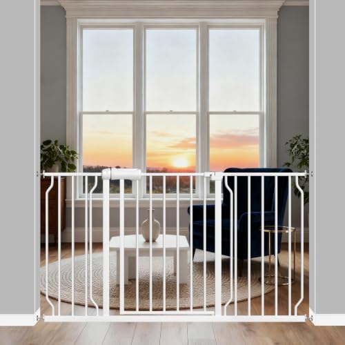 Image of ALLAIBB Extra Wide Pressure Mounted Baby Gate Walk Through Child Kids Safety Toddler Tension White Long Large Pet Dog Gates with Extension for doorways Kitchen (52.76-57.48 inch /134-146cm)