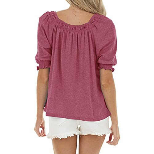 Sovelen Womens Casual Square Neck Puff Half Sleeve Tops Pleated Loose Basic Summer T Shirts Blouses Wine Red #TOP2
