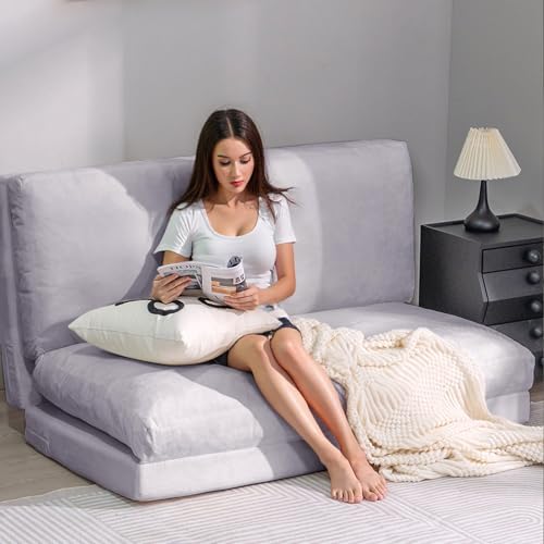 MIERES Bean Bag Bed, Foam Filling Fold Full Floor Mattress with Washable Soft Faux Fur Cover, Floor Couch for Bedroom Living Room (Large-Purple)