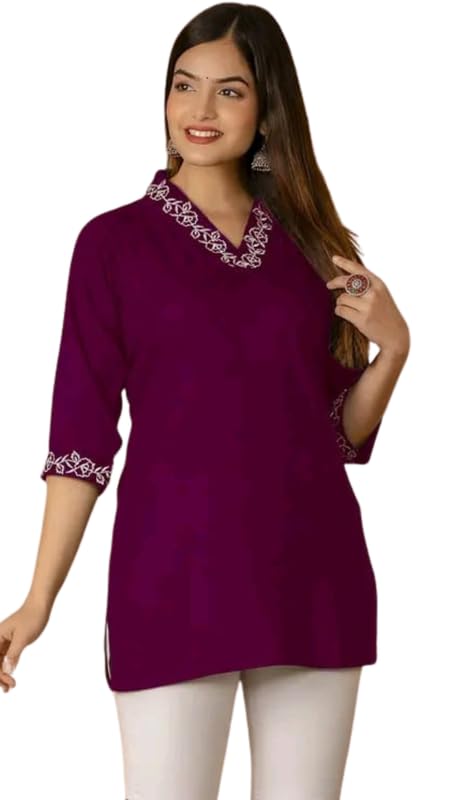 ajeera Rayon Solid Straight Kurti Top for Women | V-Neck Ethnic Tunic | Embroidered Neck and Sleeve Border | Stylish Casual Office Wear Short Kurti for Women-picture-38