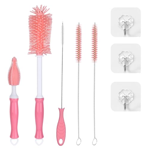 Image of JAPUDA Silicone Cleaning Brush Kit – Household Cleaning Brushes for Bottles and Crevices – Food-Grade Silicone: Dishwasher Safe (Pink)