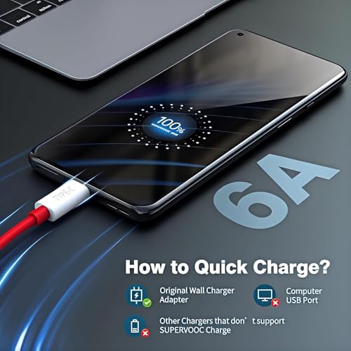 Image of One Plus 100W Supervooc USB Type C Data Sync Fast Charging Charger Cable Compatible with15,15R,13,13R,13S,12,12r,11,11r,10r,10t,10 pro,9 Pro,8,Nord 6,5,4,3,2t,Ce5,Ce6,Ce4,Ce2,Ce3 lite, Red