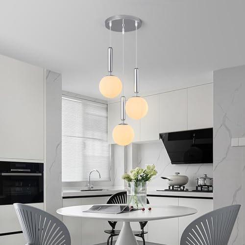 Image of Modern Chrome Pendant Light Hanging Fixture Light for Kitchen Island Mid Century with Globe Pendant Light Milk White Glass Pendant Lighting for Living Room Bedroom Entryway (3 Lights)