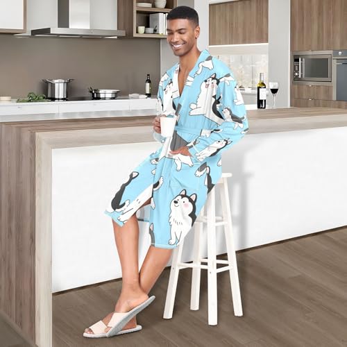 OTVEE Siberian Husky Dog Pattern Mens Night-Robe Lightweight Soft Bathrobe Sleepwear with Pockets4