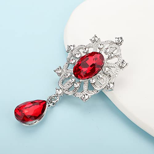 Image of Kercisbeauty Ruby Red Rhinestones Brooch Pin for Unisex Women Men Teardrop Silver Brooches Dress Suit Jewelry (Red)