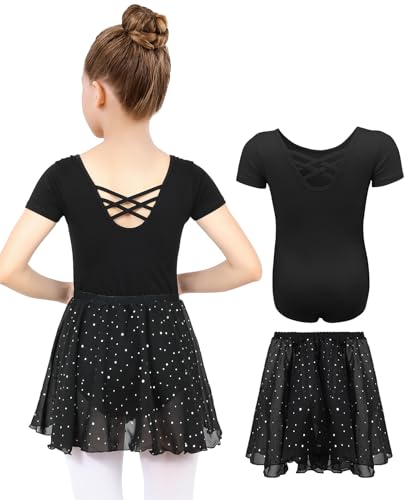MYSSUCI Ballettkleidung Mädchen Ballettkleid Kinder Kurzarm Baumwolle Ballettanzug Tanzbody Tanzkleid mit Chiffon Rock Tütü 3-11Jahre (Schwarz, 130)