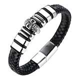 HALUKAKAH ● Assassino ● Bracciale Uomo in Vera Pelle Cuoio con Testa del Cranio in Titanio Acciaio Argento Chiusura Magnetica 8.46"(21.5cm) con Pacco Regalo Gratuita