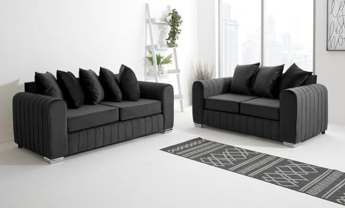 Sofahub Lilly Black Plush Velvet Sofa Set – Modern Scatterback Sofa with Foam Cushions – Available in 2 Seater, 3 Seater, 3+2, Corner - Stylish Living Room Furniture (Black, 3 Seater)