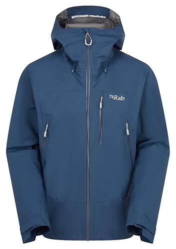 Rab Mens Downpour Mountain Jacket - Lightweight Waterproof Hooded Coat for Hiking & Trekking - Tempest Blue - Large