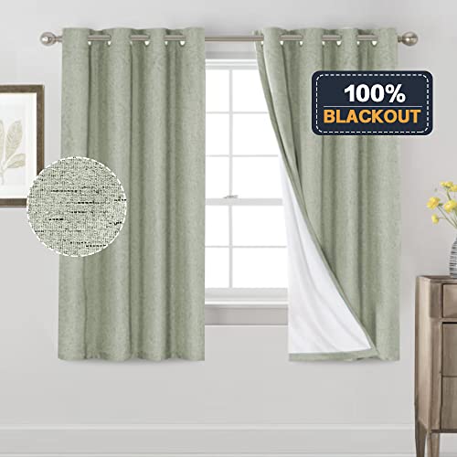 Image of PrinceDeco 100% Blackout Linen Curtains 63 Inches Long 2 Panels Thermal Insulated Burlap Curtain with White Liner Grommet Room Darkening Textured Curtains for Bedroom Living Room (52x63 inch,Sage)