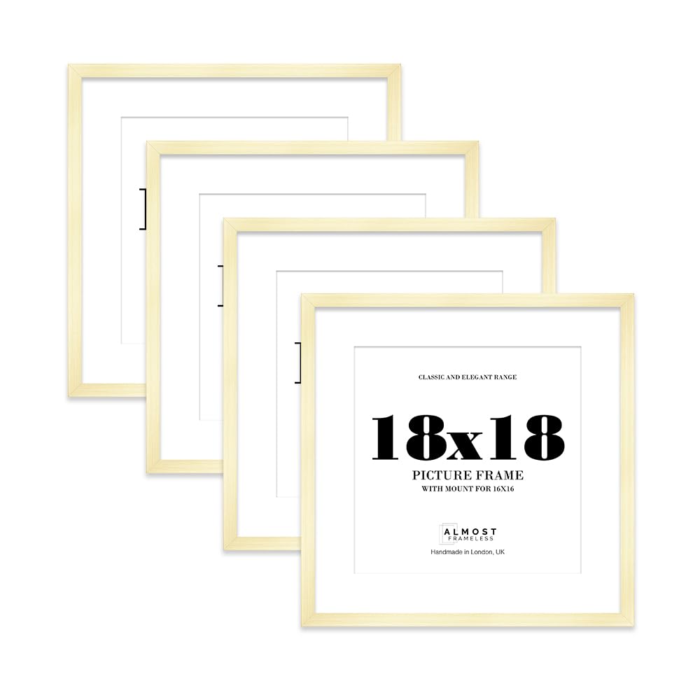 18x18 Gold Picture Frame with Mount for 16x16 Photos, Prints - Modern Square Wall Frame, Set of 4