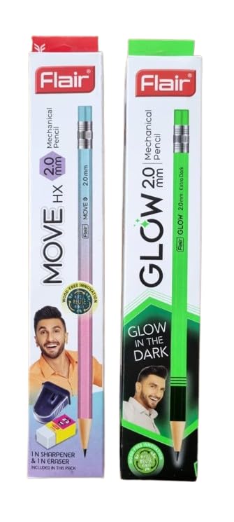 Flair 2mm Mechanical Pencil MOVE HX+MOVE GLOW(That Glows in Dark)-Pack of 10 Each| Strong Extra Dark 2B Lead, Multicolor Body| Refillable, Easy To Sharpen, Wood Free| FREE Sharpeners & Erasers- 2 Each-image-15