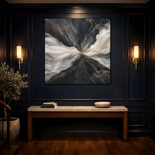 Tableau abstrait marbre noir et or 60x60cm pour salon moderne