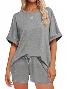 Tankaneo Schlafanzug Damen Kurz Zweiteiliger Pyjama Set Rundhals Kurzarm Sommer Nachtwäsche Locker Lässig mit Kordelzug Grau M