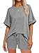 Tankaneo Schlafanzug Damen Kurz Zweiteiliger Pyjama Set Rundhals Kurzarm Sommer Nachtwäsche Locker Lässig mit Kordelzug Grau M