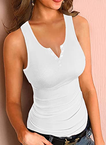 Womens Scoop Neck Henley Tank Tops Low Cut Solid Sexy Summer Sleeveless Button Down Shirts White X-Small #TOP1